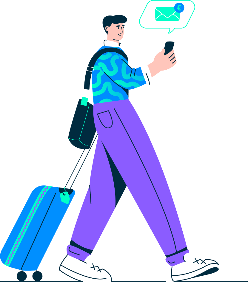 Traveler with suitcase receiving a wallet notification